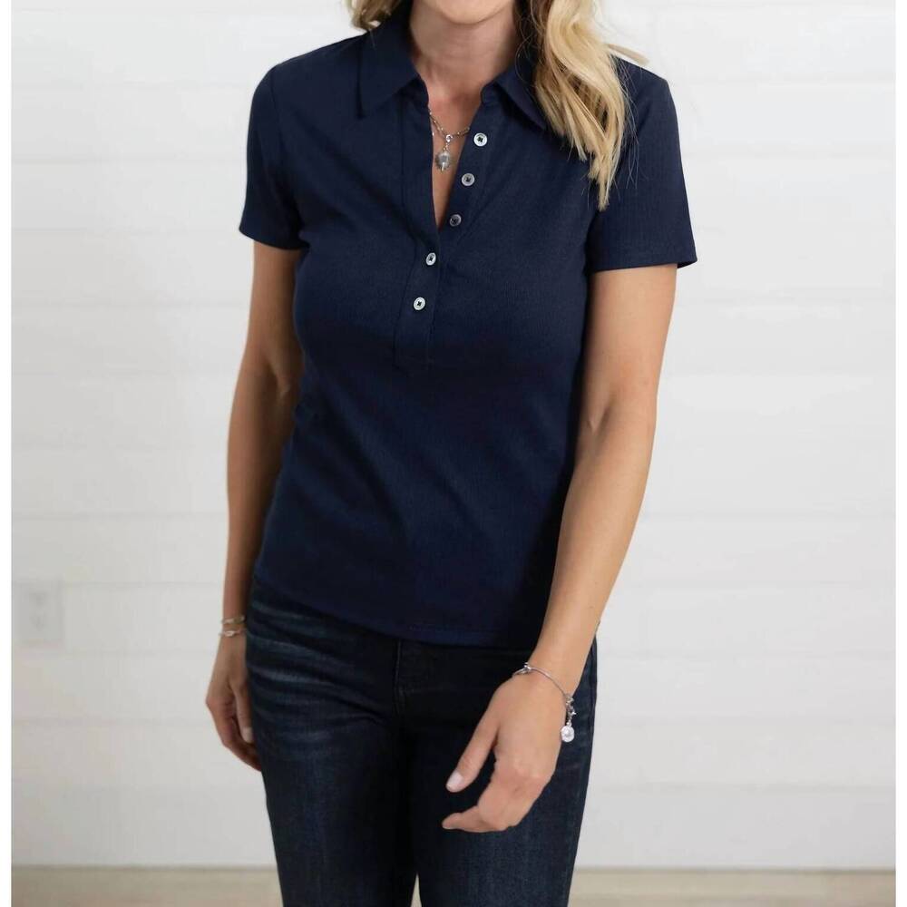 NEW MAC & ME short sleeve collar top in navy